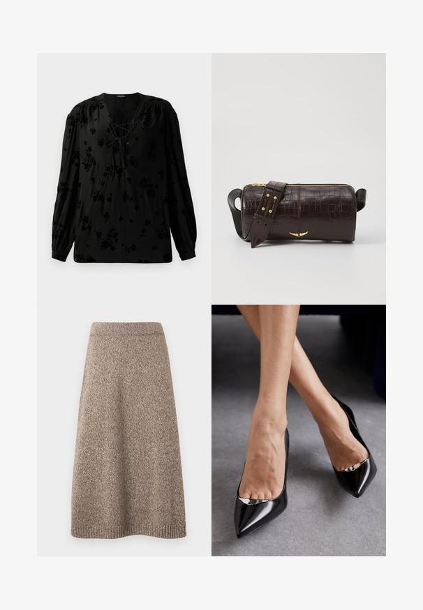 Must have mustam blouse pehmest kangast, millel on pitsiga kaelus ja lillemuster. Pikad paisuvad varrukad ja mugav lõige täiustavad disaini.; Kootud seelik sooja pruuni tooni, tekstuurse mustriga, sobiva vöökoha ja laieneva siluetiga, millel on ribakujundusega ääreosa.; Mustad kõrgkandilised mustad nahkjalatsid terava nina ja avatud disainiga, millel on dekoratiivne hõbedane aksessuaar. Sile tekstuur läikiva viimistlusega.; Pruunist krokodillimustrist nahast kott, millel on silindri kuju, kuldse tooni metalldetailid ja eemaldatav rihm, kus on nupud.