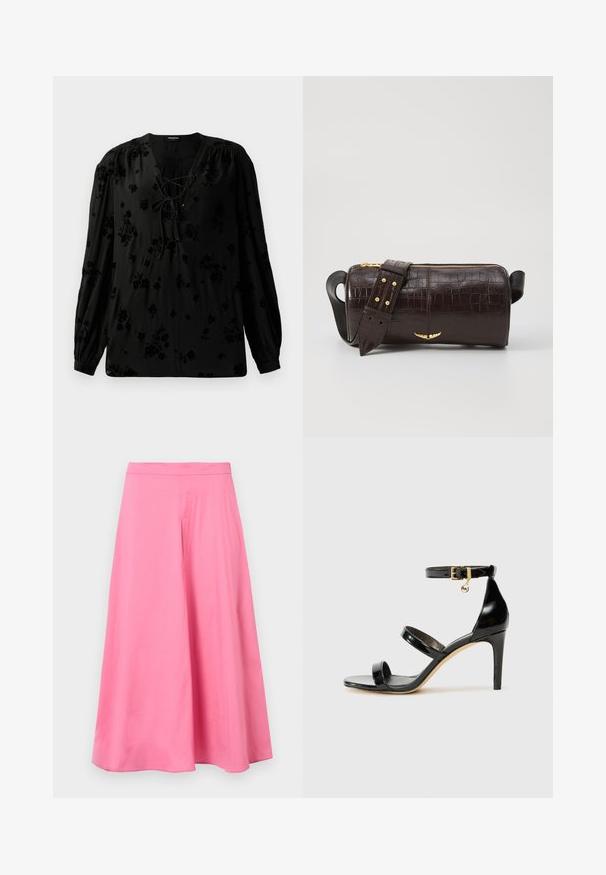 Mustapaita, joka on valmistettu pehmeästä kankaasta, ja siinä on nauhakuja ja kukkakuosi. Pitkät, puffi hihat ja rento leikkaus täydentävät muotoilua.; Vaaleanpunainen puuvillainen A-linjainen hame, jossa on sileä pinta ja keskipitkä muotoilu, puhtaan vyötärönauhan ja virtaavan siluetin kanssa.; Musta patentoitu nahkasandaali, jossa on kolme hihnaa, nilkkasolki ja 4 tuuman stiletto-korko. Varustettu kultaisilla yksityiskohdilla ja logokoristeella.; Ruskea krokotiilinkuosilla varustettu nahkalaukku, jossa on sylinterimäinen muoto, kultasävyiset yksityiskohdat ja irrotettava hihna, jossa on niittejä.