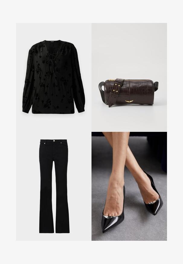 Svart blus i mjukt tyg, med snörning vid halsen och blommönster. Långa, puffiga ärmar och en avslappnad passform fulländar designen.; Svarta utsvängda jeans i denim, med två framfickor, knäppning och en slät textur. Signaturstickning synlig vid sömmarna.; Svarta högklackade skor i lackläder med spetsiga tår och en utskuren detalj framtill, som visar upp en blank finish och elegant design.; Brun kroko präglat läderväska med cylindrisk form, guldfärgad hårdvara och ett avtagbart band med nitar.