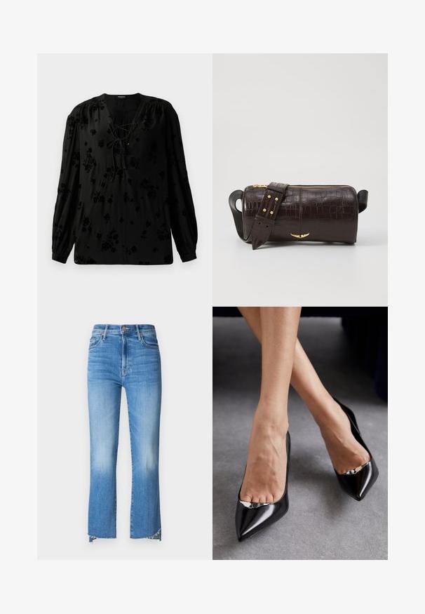 Melna blūze, kas izgatavota no mīksta auduma, ar šnūrēšanas izgriezumu un ziedu rakstu. Garas, pūkaina piedurknes un brīva piegriezte papildina dizainu.; Mother THE INSIDER CROP STEP FRAY - Bootcut piegriezuma džinsi - out of the blue; Melnas ādas augstpapēžu kurpes ar izteiktu purngalu un atveramu dizainu, kas papildināts ar dekoratīvu sudraba akcentu. Gluda tekstūra ar pulētu apdari.; Brūna krokodila ādas soma ar cilindrisku formu, zelta toni aparatūru un noņemamu siksnu ar studiem.