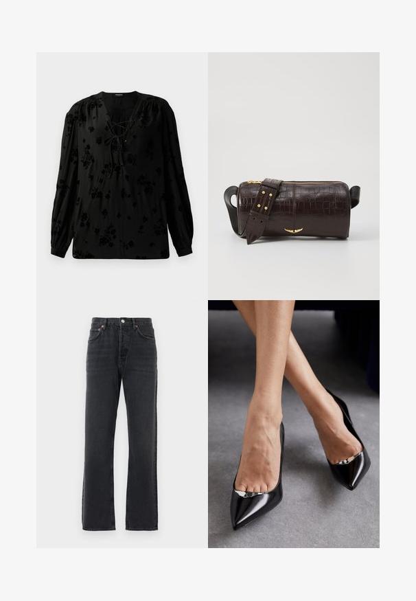 Melna blūze, kas izgatavota no mīksta auduma, ar šnūrēšanas izgriezumu un ziedu rakstu. Garas, pūkaina piedurknes un brīva piegriezte papildina dizainu.; Melni taisnie džinsi ar piecām kabatām, pogu aizdare un jostas cilpas, izlikti uz balta fona.; Melnas ādas augstpapēžu kurpes ar izteiktu purngalu un atveramu dizainu, kas papildināts ar dekoratīvu sudraba akcentu. Gluda tekstūra ar pulētu apdari.; Brūna krokodila ādas soma ar cilindrisku formu, zelta toni aparatūru un noņemamu siksnu ar studiem.