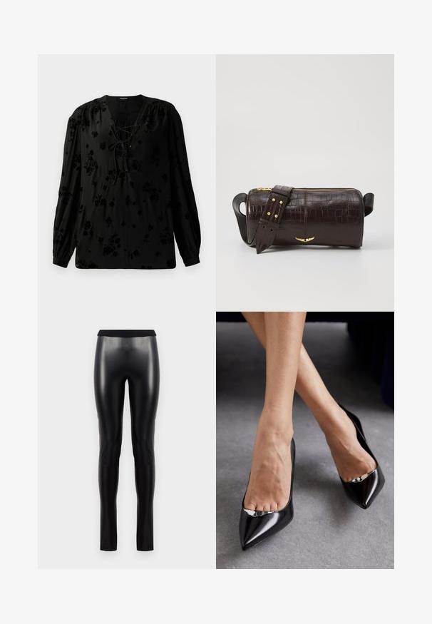 Bluză neagră dintr-un material moale, cu un guler cu șnur și un model floral. Mâneci lungi, bufante și o croială lejeră completează designul.; Colanți din piele ecologică negri, cu o textură netedă, siluetă ajustată și un talie lată. Fără cusături sau modele vizibile.; Pantofi negri din piele cu toc înalt, cu vârf ascuțit și design deschis, având un accent decorativ din argint. Textură netedă cu finisaj lucios.; Geantă din piele căptușită cu un model de crocodil de culoare maro, cu o formă cilindrică, accesorii de culoare aurie și un curea detasabilă cu tăieturi.
