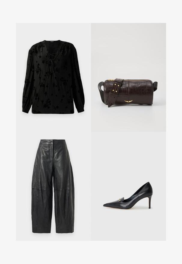 Czarna bluzka wykonana z miękkiego materiału, z dekoltem sznurowanym i wzorem w kwiaty. Długie, bufiaste rękawy oraz luźny krój dopełniają całość.; Czarne skórzane spodnie typu wide-leg z wysokim stanem, z delikatnymi szwami i gładką teksturą. Skrócona długość do połowy łydki.; Czarny skórzany czórek na wysokim obcasie z ostrym noskiem, niskim przodem i dekoracyjnym złotym akcentem. Posiada szpilkowy obcas oraz gładką fakturę.; Brązowa torba ze skóry z tłoczeniem krokodyla w kształcie cylindrycznym, z metalowymi elementami w kolorze złotym oraz odczepianym paskiem z ćwiekami.