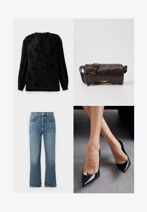 Melna blūze, kas izgatavota no mīksta auduma, ar šnūrēšanas izgriezumu un ziedu rakstu. Garas, pūkaina piedurknes un brīva piegriezte papildina dizainu.; Gaiši zili džinsi ar augstu jostasvietu, taisnu kāju dizainu un vieglu izbalējumu. Iekļauj klasisko piecu kabatu stilu un metāla pogu aizdari.; Melnas ādas augstpapēžu kurpes ar izteiktu purngalu un atveramu dizainu, kas papildināts ar dekoratīvu sudraba akcentu. Gluda tekstūra ar pulētu apdari.; Brūna krokodila ādas soma ar cilindrisku formu, zelta toni aparatūru un noņemamu siksnu ar studiem.