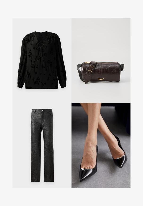 Svart blus i mjukt tyg, med snörning vid halsen och blommönster. Långa, puffiga ärmar och en avslappnad passform fulländar designen.; Svart, rynkiga byxor i syntetmaterial, med rak bendesign och fem fickor med silverdetaljer.; Svarta läderhögklackade skor med spetsig tå och öppen design som har en dekorativ silveraccent. Slät struktur med blank finish.; Brun kroko präglat läderväska med cylindrisk form, guldfärgad hårdvara och ett avtagbart band med nitar.