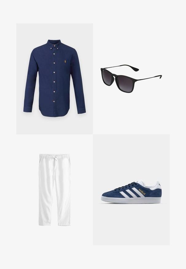 Camicia a maniche lunghe blu navy in cotone, con colletto button-down e un piccolo logo dorato sul petto. Vestibilità classica con patta abbottonata.; Pantaloni bianchi in lino con vita regolabile, due tasche laterali e una vestibilità ampia. Texture liscia e design a gamba dritta.; Sneakers in suede blu navy con dettagli in pelle bianca, tre strisce bianche e logo dorato "Gazelle". Suola in gomma rotonda, design low-top.; Occhiali da sole neri con una montatura in plastica elegante, lenti scure con gradiente, forma geometrica e branding distintivo sulla tempia.