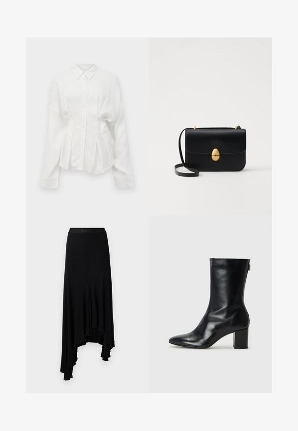 Balts garām piedurknēm krekls ar norādītu apkakli, pogu aizdari un plisētu dizainu. Izgatavots no gludas auduma ar nelielu spīdumu.; Melna asimetriska svārki ar viļņveida apakšmalu, izgatavoti no mīksta, elastīga materiāla, ar platu jostasvietu ar reljefisku zīmolu.; Melna ādas potītes zābaks ar norādītu purngalu un 4 cm bloku papēdi. Gluds dizains ar sānu rāvējslēdzēju vieglai uzvilkšanai. Gluda tekstūra.; Melnas ādas rokassomu ar strukturētu taisnstūra formu. Iespējas zelta ovāla slēdzis un plāns plecu siksna. Gluda tekstūra.