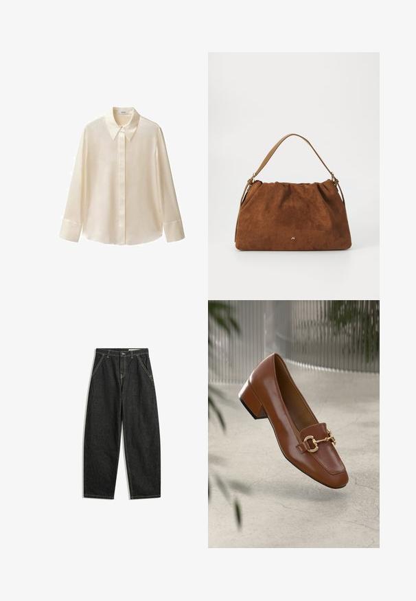 Mango Bluza s gumbima - off-white; Crne traperice visokog struka širokih nogavica s prednjim džepovima, zatvaranjem na gumb i vidljivim bež šavovima na bijeloj pozadini.; Smeđi lakirani loafer s kvadratnim vrhom, metalnim lancem kao naglaskom i niskom blok petom; glatka tekstura, minimalistički dizajn.; Smeđa nubuk torba s nabranim dizajnom, s jednim tamnim kožnim remenom i suptilnim zlatnim logotipom na prednjoj strani.