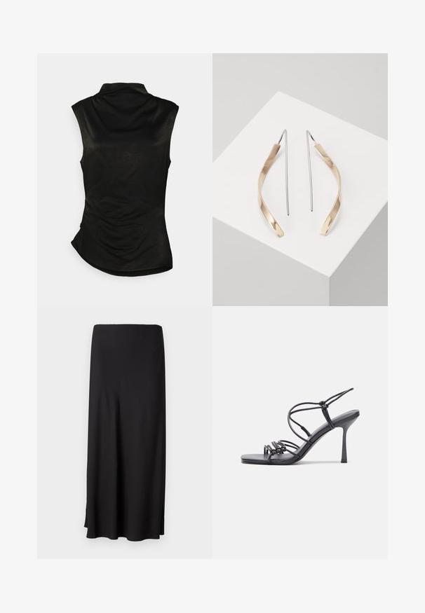 Černý tílko bez rukávů s vysokým límcem, jemnou texturou a zakřiveným lemem. Má nabírané detaily na boku pro přiléhavý vzhled.; Černá dlouhá sukně vyrobená z hladké tkaniny, se rovnými liniemi a bočními rozparky pro snadný pohyb. Jednoduchý design bez vzorů nebo akcentů.; Černé high-heeled sandály mají tenké pásky s uzlovým designem, hladký čtvercový špičku a elegantní jehlový podpatek.; Zlaté a stříbrné visací náušnice s zakřiveným, protáhlým tvarem. Lesklý povrch s hladkou strukturou a minimalistický design.