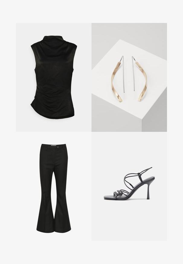 Černý tílko bez rukávů s vysokým límcem, jemnou texturou a zakřiveným lemem. Má nabírané detaily na boku pro přiléhavý vzhled.; Černé zvonové kalhoty z hladkého materiálu, vyznačující se vysokým pasem, předním zapínáním na knoflík a elegantním, přizpůsobeným střihem.; Černé high-heeled sandály mají tenké pásky s uzlovým designem, hladký čtvercový špičku a elegantní jehlový podpatek.; Zlaté a stříbrné visací náušnice s zakřiveným, protáhlým tvarem. Lesklý povrch s hladkou strukturou a minimalistický design.
