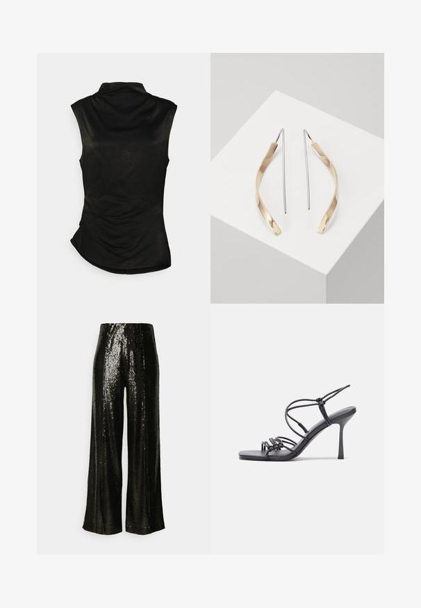 Fekete ujjatlan felső magas gallérral, puha textúrával és ívelt aljjal. Oldalán redőzött részletekkel rendelkezik a testhezálló megjelenésért.; Fekete flitteres, széles szárú nadrág sima textúrával és magas derekú designnal, fényvisszaverő, csillogó felülettel.; Fekete magas sarkú szandálok vékony pántokkal, csomózott mintával, sima négyzetes orral és karcsú stiletto sarkal rendelkeznek.; Arany és ezüst csepp fülbevalók ívelt, megnyújtott formával. Fényes felület, sima textúra és minimalista dizájn.