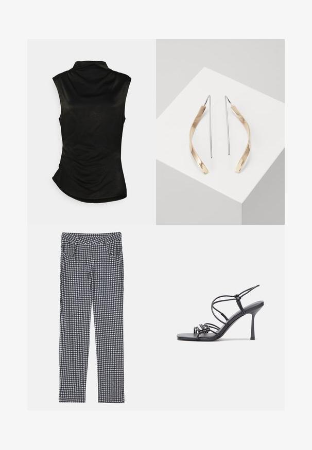 Juodas be rankovių viršus su aukštu apykaklės dizainu, minkšta tekstūra ir išlenktu apvadu. Pusėje yra surinkta detalė, suteikianti prigludusį vaizdą.; Houndstooth raštuoti kelnės, su juodos, baltos ir pilkos spalvų deriniu. Sukurtos su prigludusia siluetu ir priekinėmis kišenėmis.; Juodos aukštakulnės sandalai pasižymi plonyčiais dirželiais su mazgo dizainu, lygiu kvadratiniu pirštu ir elegantišku stiletto kulnu.; Auksiniai ir sidabriniai kabantys auskarai su išlenkta, pailga forma. Blizgus paviršius su lygiu tekstūra ir minimalistinis dizainas.