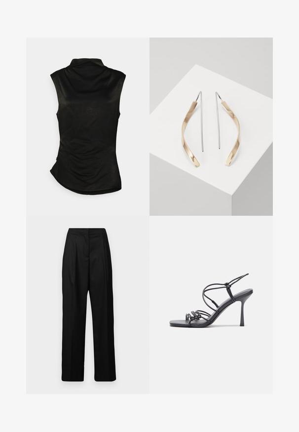 Czarny bezrękawnik z wysokim kołnierzem, miękką teksturą i zaokrąglonym dołem. Posiada marszczenia po bokach dla dopasowanego wyglądu.; Czarne spodnie o szerokich nogawkach, wykonane z gładkiego materiału, z wysokim stanem i plisami z przodu dla eleganckiego wyglądu. Brak widocznych kieszeni.; Czarne sandały na wysokim obcasie mają cienkie paski z węzłowym wzorem, gładki, kwadratowy czubek i smukły obcas w stylu szpilki.; Złote i srebrne kolczyki w kształcie zakrzywionym, wydłużonym. Powierzchnia błyszcząca z gładką fakturą i minimalistycznym wzornictwem.