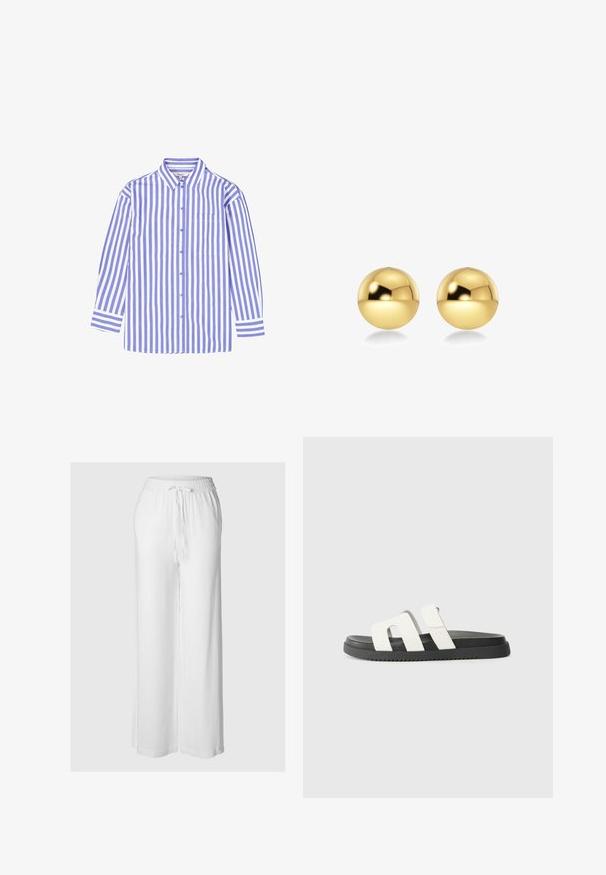Gestreiftes Hemd in Hellblau und Weiß, mit Kentkragen, langen Ärmeln und einer Brusttasche. Aus Baumwolle.; Weiße weite Hose aus leichtem Stoff, mit elastischem Bund und Kordelzug sowie einer glatten Textur.; Weiße Rutsch-Sandalen mit zwei breiten Riemen, schwarzer Gummisohle, minimalistischem Design und glatter Textur. Geeignet für den Freizeitgebrauch.; Goldfarbene, kugelförmige Ohrringe mit einer glänzenden, reflektierenden Oberfläche. Das Design ist schlicht und glatt, was einen modernen, minimalistischen Look erzeugt.