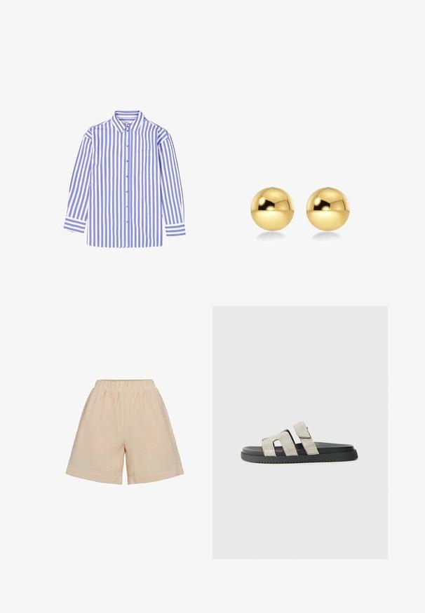 Camisa de botones a rayas en azul claro y blanco, con cuello estándar, mangas largas y un bolsillo en el pecho. Material de algodón.; Moves PYNNA - Shorts - tangerine; Sandalia plana de suela negra con dos bandas verticales que presentan cristales de imitación plateados, diseño plano, textura de goma y un sutil patrón de relieve.; Pendientes esféricos de color dorado con una superficie brillante y reflectante. El diseño es simple y suave, creando un aspecto moderno y minimalista.