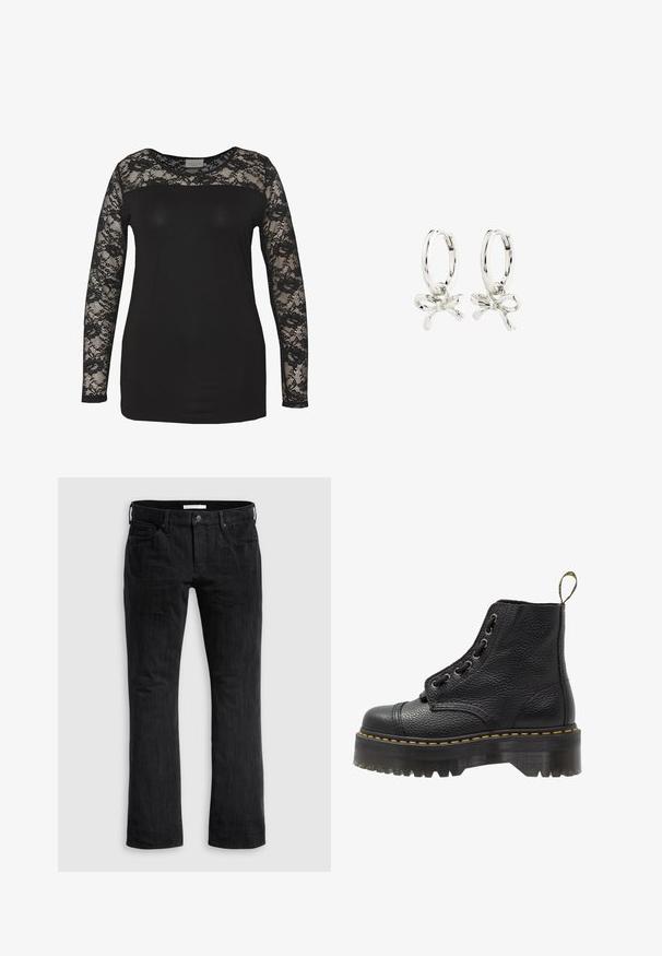 Črna majica z dolgimi čipkastimi rokavi, ki ima solidno črno telo in cvetlične čipkaste detajle. Okrogla ovratnica z gladko teksturo.; Črne jeans hlače z ravnim krojem, ki vsebujejo klasičen pet-pocket dizajn, subtilno vertikalno teksturo in sprednje zapiranje na gumb.; Črne usnjene gležnjarje z teksturirano površino, okroglo prsti, vezalkami, rumenim šivom in debelim, rebrastim črnim podplatom.; Srebrni uhani v obliki obroča z obliko pentlje, z gladko površino in poliranim teksturo. Kompaktna, minimalistična zasnova primerna za različne priložnosti.
