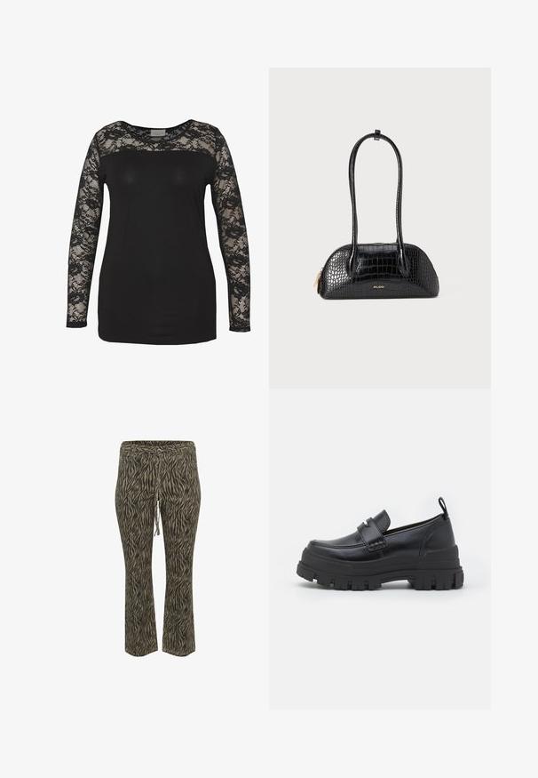 Top nero con maniche lunghe in pizzo, caratterizzato da un corpo interamente nero e dettagli in pizzo floreale. Collo tondo con texture liscia.; Pantaloni con cintura elastica e stringa in vita, in un motivo zebratto khaki e beige. Design a vita media e gamba svasata, texture morbida. Adatti per un abbigliamento casual.; Scarpa slip-on in pelle nera con una robusta suola in gomma nera. Presenta una banda ampia sulla parte anteriore e un design cucito attorno alla punta.; Borsa nera con motivo coccodrillo, dal texture liscia, forma arrotondata e due manici sottili. Accento del logo dorato vicino alla base.; Orecchini a cerchio d'argento, forma rotonda, superficie metallica liscia, senza ornamenti visibili, design leggero, spessore uniforme.