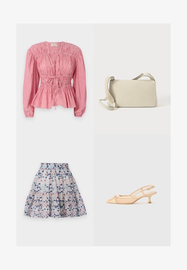Raudonai ir baltai juostuota palaidinė su ilgomis rankovėmis, susiraukšlėtu bodu ir reguliuojamu virvutės diržu juosmens srityje, turinti peplumo hem.; Šviesiai mėlyna gėlėta sijonas, turintis rožinių ir tamsiai mėlynų gėlių. Sluoksniuotas dizainas su elastingu juosmeniu ir minkšta, tekstūruota medžiaga.; Stuart Weitzman KITTY - Klasikiniai aukštakulniai - beige/barely beige; Kremo spalvos odinė petnešų rankinė su reguliuojama juostele ir užverčiamu užsegimu, pristatyta ant vienodo balto fono.