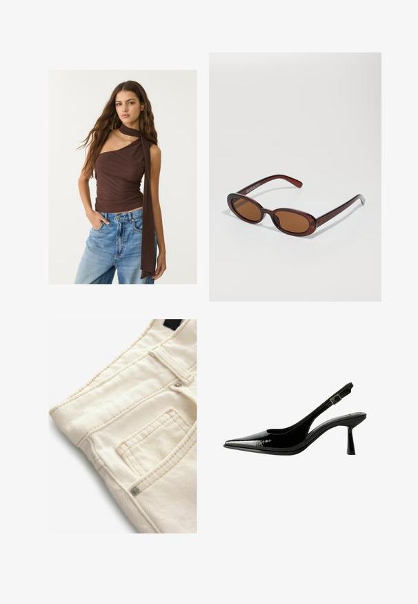 Haut sans manches marron avec un décolleté drapé et un long lien. Il présente une silhouette ajustée, une texture douce et un design froncé, associé à un jean bleu.; Pantalons en denim couleur crème avec une surface texturée, dotés d'une petite poche avant et de détails de couture contrastants. Idéal pour un look décontracté.; Racine à talon en cuir verni noir avec un nez pointu, des côtés découpés, une bride de cheville ajustable et un talon fin et élégant.; Lunettes de soleil rondes teinte brun avec une monture bordeaux brillante. Branches fines avec un détail de marque subtil. Design de verres plats.; Sac à main en perles aux couleurs vives : rose, orange, bleu et marron. Surface texturée avec des perles circulaires et des formes organiques, poignées robustes.; Deux bagues en or sont exposées, l'une épaisse et arrondie, l'autre fine et plate. Les deux présentent une surface lisse et brillante avec une finition polie.
