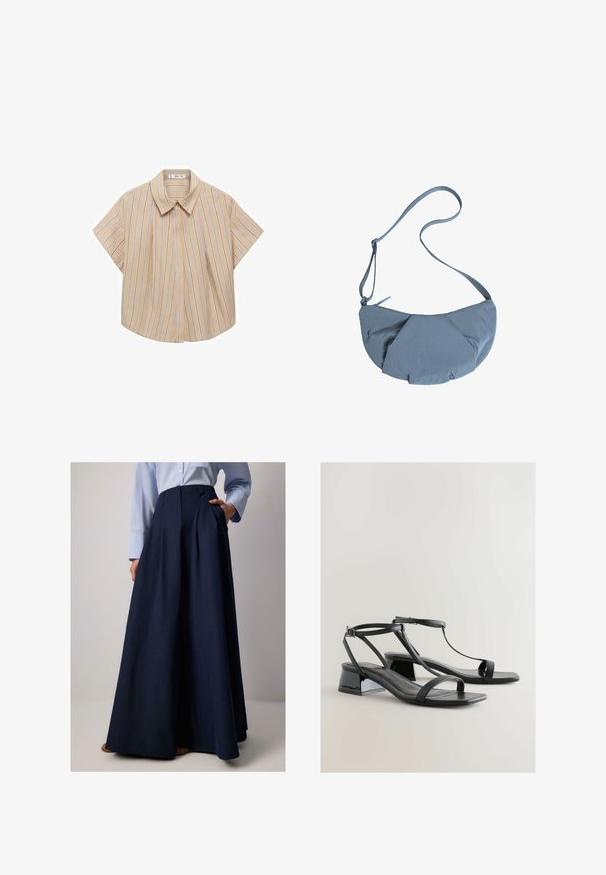 Cămașă cu mâneci scurte, cu guler, de culoare bej deschis, cu dungi verticale în albastru și alb. Prezintă o pliă frontală pentru un plus de structură.; Fustă lungă bleumarin cu pliseuri, confecționată dintr-un material ușor, având buzunare laterale și un talie înaltă. Textură netedă și cădere elegantă.; Sandale negre cu toc, dotate cu un finisaj patent sleek, curele subțiri, un design T-bar și un toc mic bloc pentru stabilitate.; Geantă crossbody din țesătură gri, cu o formă rotundă, având un design frontal strâns și o curea subțire, ajustabilă. Închidere cu fermoar în partea de sus.