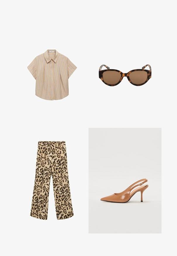 Košeľa s krátkym rukávom a golierom v svetlej béžovej farbe s vertikálnymi pruhmi v modrej a bielej. Obsahuje predný záhyb pre lepšiu štruktúru.; Kráľovsky široké nohavice s leopardím vzorom v béžovej a hnedej farbe, s nastaviteľným pásom, hladkým materiálom a voľným strihom.; Sandal s úzkym podpätkom a špicatou špičkou v hladkej lesklej hnedej materiáli. Obsahuje zakrivený výrez a štíhly ihlový podpätok. Strieborný prackový detail.; Hnedé slnečné okuliare v štýle mačacích očí s hnedými sklami a hladkým povrchom. Rám má zakrivené ramená s jemným vzorom.
