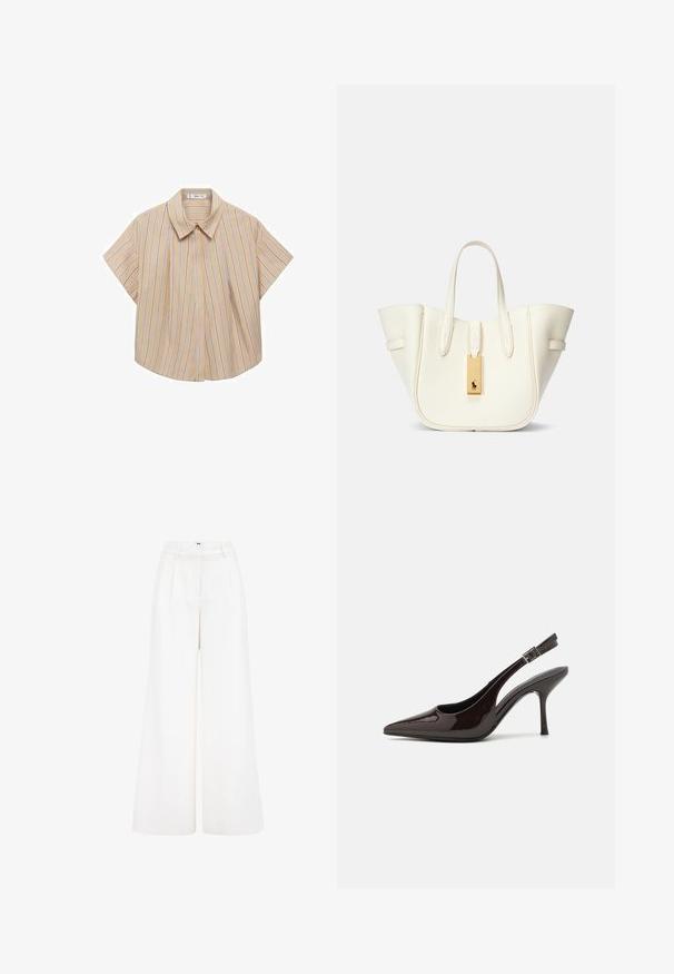 Korte mouwen, geknoopte blouse in lichtbeige met verticale strepen in blauw en wit. Heeft een plooidetail aan de voorkant voor extra structuur.; Wijde broek gemaakt van lichtgewicht stof, met een heldere witte kleur, hoge tailleband en geplooid ontwerp aan de voorkant voor extra detail.; Slingback hoge hak schoen in glanzend donkerbruin patentleer, puntige neus, open zijkanten en verstelbare enkelband.; Witte leren tote bag met een gestructureerde vorm, prominente stiksels, gouden hardwarelabel en dubbele handgrepen. Gelaagde oppervlakte met zijzakken.