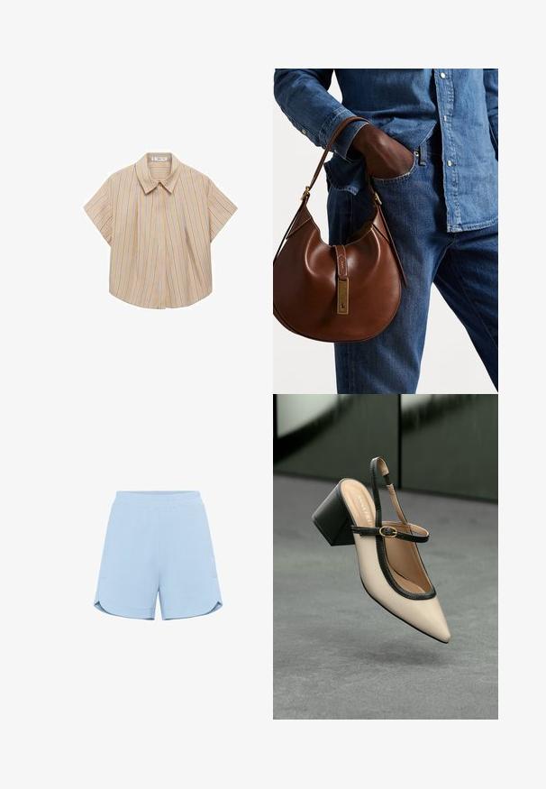 Košulja kratkih rukava s ovratnikom u svijetloj bež boji s vertikalnim prugama u plavoj i bijeloj boji. Ima prednji nabor za dodatnu strukturu.; Svijetloplave kratke hlače od mekog materijala s elastičnom gumom u struku, bočnim džepovima i koso rezanim rubovima za opušteni kroj. Glatka tekstura.; Bež cipele s otvorenom petom i šiljastim vrhom, crnim obrubom, zlatnom kopčom i debelim blok-petom na sivom podu s tamnozelenom pozadinom.; Smeđa kožna hobo torba zaobljenog oblika, sa zlatnim metalnim detaljima i kontrastnim šavovima. Uparena s traper košuljom i trapericama.