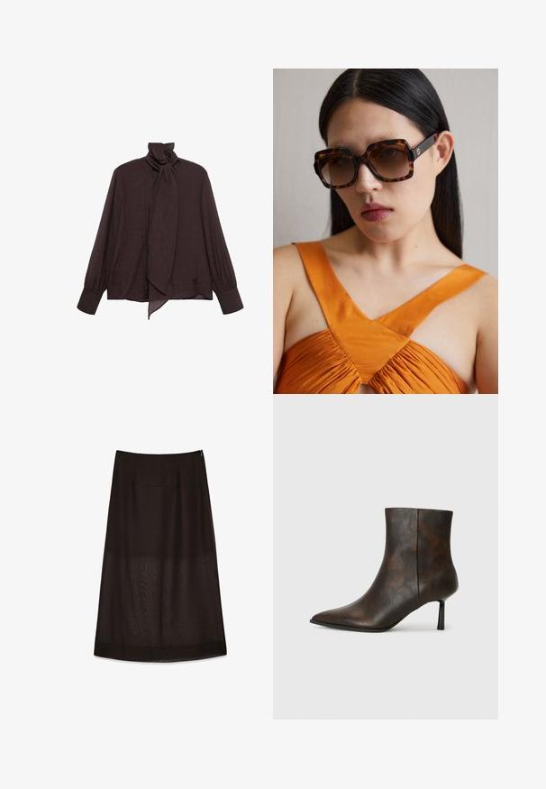 Long-sleeve blouse in dark brown crinkled fabric. Features a high collar with a tie detail and cuffed sleeves. Smooth, lightweight texture.; Black midi skirt with a smooth fabric finish, featuring a subtle sheen, a concealed side zipper, and a flowing, A-line shape.; Brown leather ankle boot with a pointed toe, sleek design, and a thin black heel. Textured surface with a subtle pattern.; Brown tortoiseshell oversized sunglasses with a wide rectangular frame and gradient lenses. Gold logo detail on the side.; Brown suede handbag with a long leather strap, silver hardware, a rectangular shape, and a flat flap featuring a central embellishment.