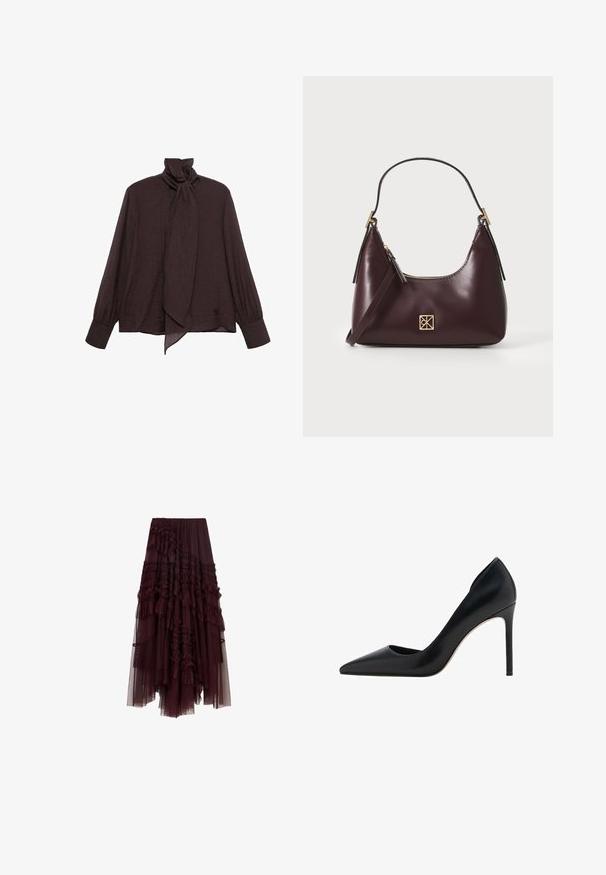 Bluza z dolgimi rokavi iz temno rjave nagubane tkanine. Ima visok ovratnik z zavezanjem in manšete na rokavih. Gladka, lahka tekstura.; Burgundska tulle krila z oblaki, elastičnim pasom in različnimi dolžinami, ki se ponaša z mehko, lahko teksturo.; Mango Visoke pete - black; Burgundska kožna torbica s zakrivljenim oblikom, zlatnimi detajli na opremi in zadrgo. Ima odstranljiv naramni trak.