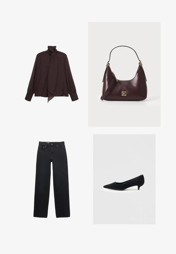 Long-sleeve blouse in dark brown crinkled fabric. Features a high collar with a tie detail and cuffed sleeves. Smooth, lightweight texture.; Black wide-leg jeans made from denim, featuring five pockets, a button closure, subtle stitching, and a straight cut from waist to hem.; Black pointed-toe pump made of soft fabric with a textured finish and a short, narrow heel. Simple design, no embellishments.; Burgundy leather handbag with a curved shape, gold accents on the hardware, and a zippered closure. Features a detachable shoulder strap.