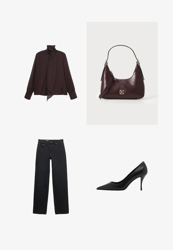 Blouse à manches longues en tissu froissé marron foncé. Présente un col haut avec un détail à nouer et des manches à poignet. Texture lisse et légère.; Jean large noir en denim, doté de cinq poches, d'une fermeture à bouton, de coutures discrètes et d'une coupe droite de la taille à l'ourlet.; Chaussure à talon haut en cuir noir avec un bout pointu, texture lisse et un talon stiletto élancé, présentant un design minimaliste.; Sac à main en cuir bordeaux avec une forme incurvée, accents dorés sur la quincaillerie et une fermeture éclair. Dispose d'une bandoulière amovible.