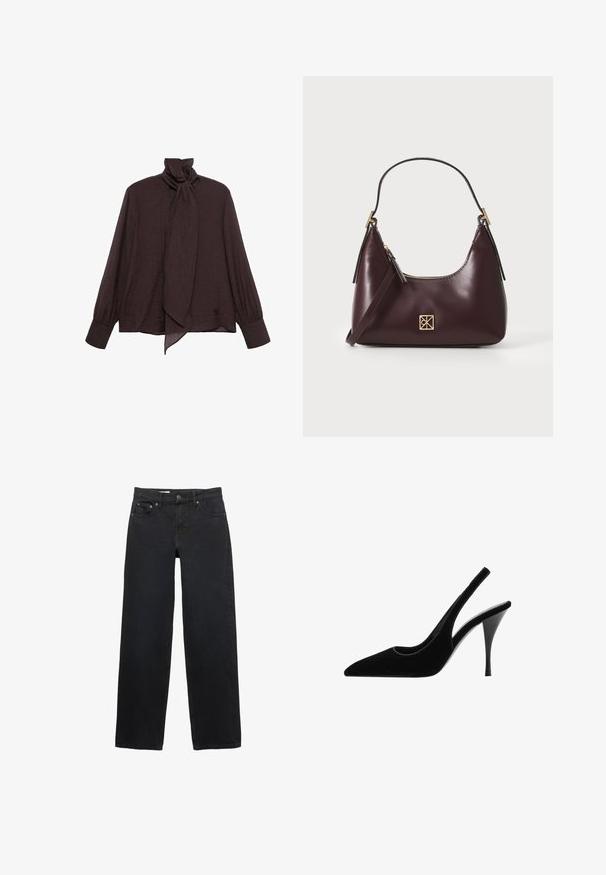 Bluza z dolgimi rokavi iz temno rjave nagubane tkanine. Ima visok ovratnik z zavezanjem in manšete na rokavih. Gladka, lahka tekstura.; Črne široke jeans hlače iz denima, s petimi žepi, gumbom za zapiranje, subtilnim šivanjem in ravnim krojem od pasu do roba.; Črne žametne slingback pete s koničastim nosom in visokim stiletto peto. Ima odprto stran in gladko teksturo.; Burgundska kožna torbica s zakrivljenim oblikom, zlatnimi detajli na opremi in zadrgo. Ima odstranljiv naramni trak.