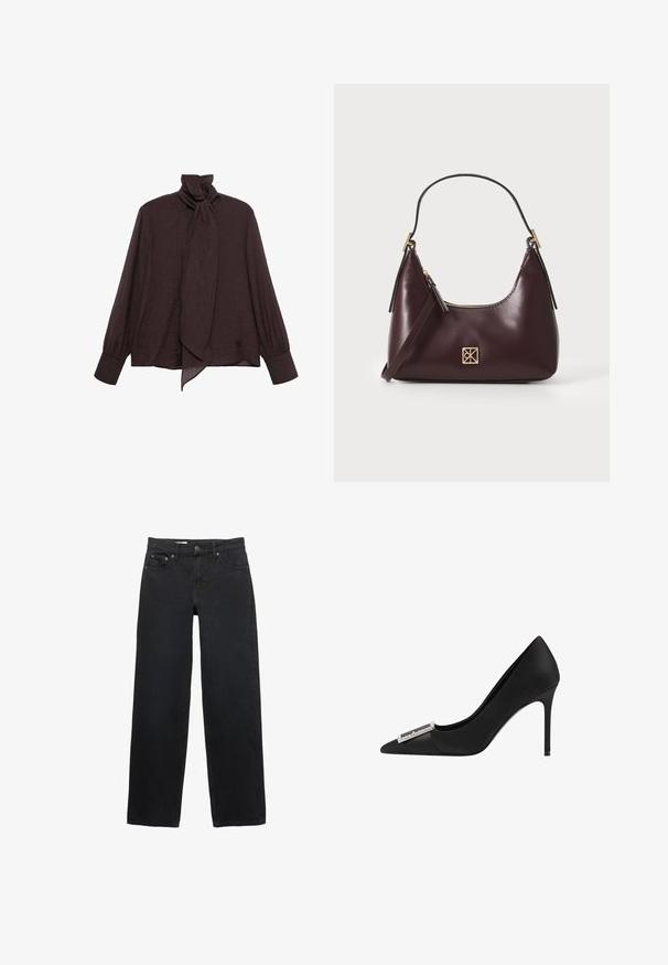Halenka s dlouhým rukávem ve tmavě hnědé zmačkané látce. Má vysoký límec s mašlí a manžetové rukávy. Hladká, lehká textura.; Černé džíny s širokými nohavicemi vyrobené z denimu, s pěti kapsami, zapínáním na knoflík, diskrétním šitím a rovného střihu od pasu ke spodnímu okraji.; Černý stiletto s vysokým podpatkem, špičatou špičkou, saténový materiál a stříbrný kovový akcent v přední části. Hladká textura, elegantní design.; Burgundské kožené kabelka s zakřiveným tvarem, zlaté detaily na kovových prvcích a zipovým uzávěrem. Obsahuje odnímatelný ramenní popruh.