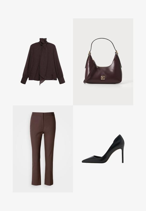 Blusa a maniche lunghe in tessuto increspato marrone scuro. Presenta un alto colletto con dettaglio a fiocco e maniche con polsini. Tessuto morbido e leggero.; Pantaloni marroni su misura con vestibilità slim, dotati di vita piatta, tasche laterali discrete e un tessuto liscio e leggermente elasticizzato.; Mango Decolleté - black; Borse in pelle borgogna con forma curva, dettagli in oro sull'hardware e chiusura con cerniera. Presenta una tracolla staccabile.