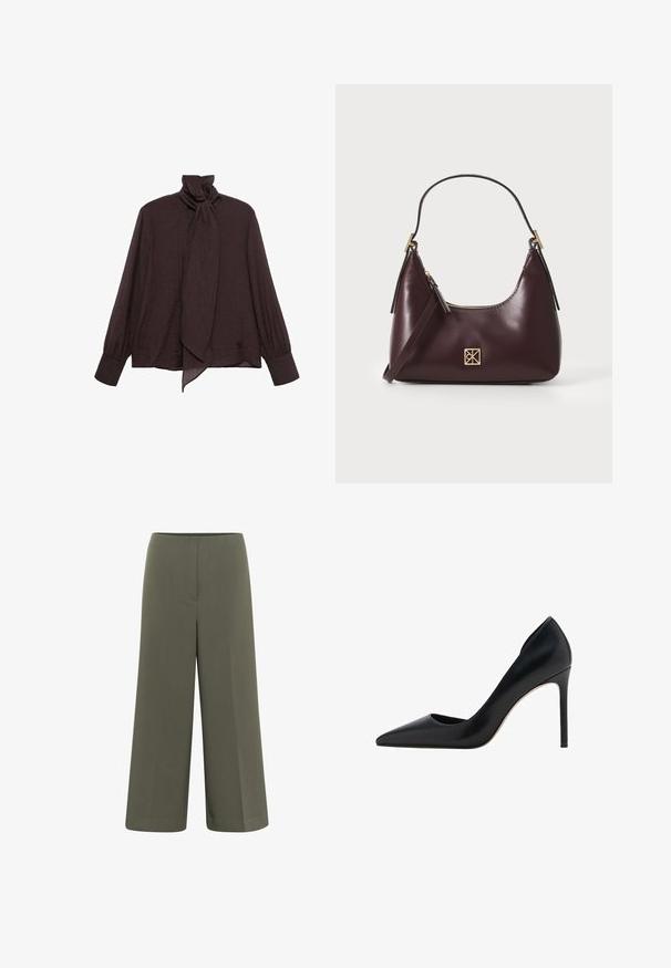Long-sleeve blouse in dark brown crinkled fabric. Features a high collar with a tie detail and cuffed sleeves. Smooth, lightweight texture.; Wide-leg trousers made of smooth, olive green fabric with a flat waistband and no visible pockets, featuring a structured fit and clean lines.; Mango High heels - black; Burgundy leather handbag with a curved shape, gold accents on the hardware, and a zippered closure. Features a detachable shoulder strap.
