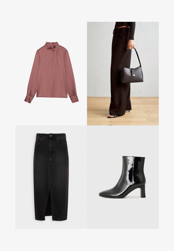 Blusa de manga longa em malva com gola alta, detalhe drapeado lateral, punhos com botão e fecho de zíper nas costas.; Saia de ganga preta, até ao joelho, com uma fenda na frente, cintura padrão e pormenores em botão tom cobre. Textura suave, design clássico.; Botim de tornozelo em pele sintética preta com bico apontado e salto bloco de altura média. Textura suave e design minimalista.; Bolsa preta com forma estruturada, textura suave e um fecho metálico. Combinada com calças largas pretas e sandálias de salto aberto sobre um chão de madeira.; Conjunto de cinco brincos de ouro, com designs variados: superfícies torcidas, estriadas e lisas em formas de argola e crescente.