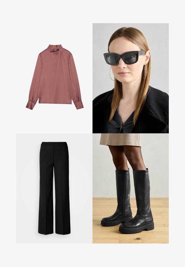 Långärmad mauve blus med hög krage, sidodrapering, knappade ärmslut och dragkedja i ryggen.; Svarta vida byxor med ett mjukt tyg, med hög midja, skräddarsydda sömmar och en minimalistisk design. Inga synliga detaljer eller fickor.; Svarta knähöga stövlar i läder med en slät yta, som har en tjock gummisula och en sidodragkedja för enkel påtagning.; Svarta katterformade solglasögon med mörka linser, tjocka bågar och subtila detaljer. Bärs tillsammans med en svart kappa och en grå topp, med långt rakt hår.; Svart mocka tote-väska med en slät textur, strukturerad form och kontrasterande sömmar. Har långa bärremmar för axelbärande.
