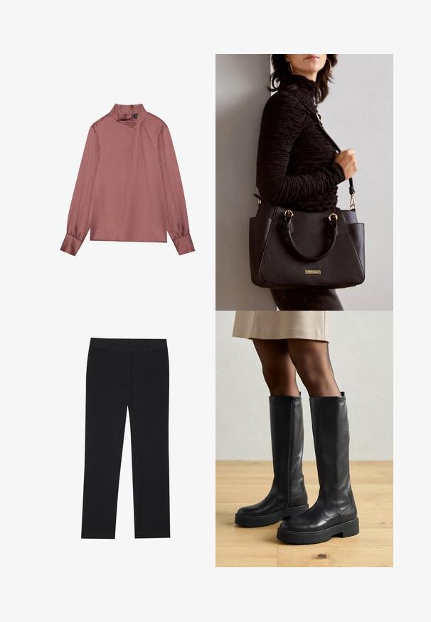 Langermet mauve-bluse med høy hals, side-drapé detalj, knappedeler og glidelås bak.; Sorte bukser med rette ben, med sidelommer og en glat stoffeksur. Minimal detaljer, ren linning.; Sorte kneehøye støvler laget av skinn med en jevn tekstur, med en tykk gummisåle og en glidelås på siden for enkel påkledning.; Svart håndveske med teksturert overflate, doble topphåndtak og justerbar skulderrem. Har detaljer i gulltone og sidelommer.