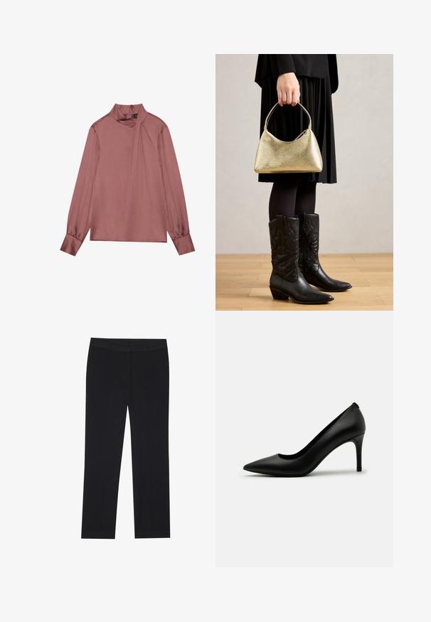 Lange mouw mauve blouse met hoge nek, zijdelings drapeer detail, knoopmanchetten en een ritssluiting aan de achterkant.; Zwarte broek met een recht gesneden ontwerp, voorzien van zijzakken en een gladde stoftextuur. Minimaal detail, schoon tailleband.; Zwarte hoge hakpumps van soepel leer, met een spitse neus en een slanke stiletto-hak. Minimalistisch ontwerp zonder zichtbare versieringen.; Gouden handtas met een gebogen vorm en korte handgreep, vastgehouden door een persoon die een zwarte geplooide rok en zwarte leren cowboylaarzen draagt.