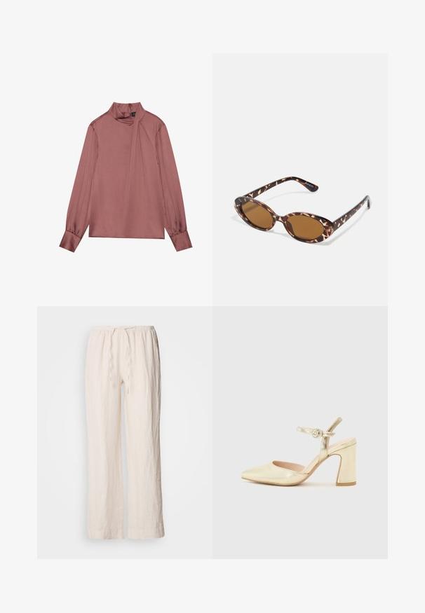 Ilga rankovė mėtinio spalvos bluzonė su aukštu kaklu, šoniniu drapiruotės detalėmis, mygtukinėmis rankovėmis ir užtrauktuko uždarymu nugaros pusėje.; Lino, šviesiai smėlio spalvos, platėjančios kelnės su elastinga juosta ir raišteliu. Yra tekstūruota, šiek tiek raukšlėta paviršius.; Auksinės metalinės kulninės bateliai su smailiu nosiu, kulkšnies dirželis su apvaliu užsegimu ir masyvus kulnas. Lygus paviršius.; Kaktašiai akiniai nuo saulės su ovaliais objektyvais, rudi, ploni laikikliai su tekstūruotu raštu, lengvas plastikinis rėmas.; Auksinė tekstūruota rankinė su kreiva forma ir trumpu rankenėle, laikoma žmogaus, apsirengusio juoda plisuota sijonu ir juodais odiniais cowboy batais.