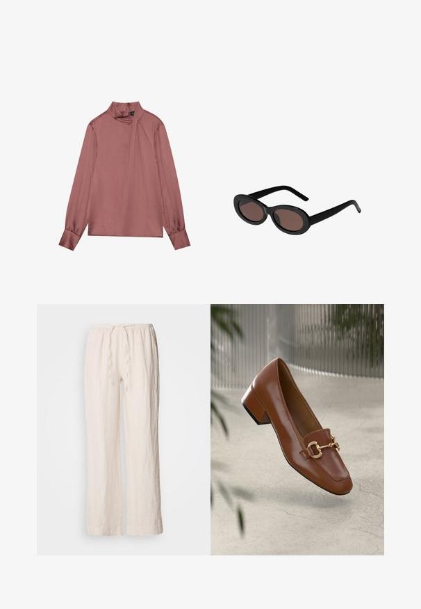 Lange mouw mauve blouse met hoge nek, zijdelings drapeer detail, knoopmanchetten en een ritssluiting aan de achterkant.; Linnen, lichtbeige, wijde broek met een elastische tailleband en trekkoord. Heeft een getextureerd, licht gekreukt oppervlak.; Bruine lakleren loafer met vierkante neus, metallic kettingaccent en lage blokhak; gladde textuur, minimalistisch ontwerp.; Zwarte ovale zonnebril met bruin getinte lenzen. Beschikt over dikke kunststof monturen en slanke, gebogen armen. Gladde textuur overal.; Bruin lederen emmerzak met twee voorzakken met gespsieraden. De tas heeft een gladde textuur en een verstelbare schouderriem.