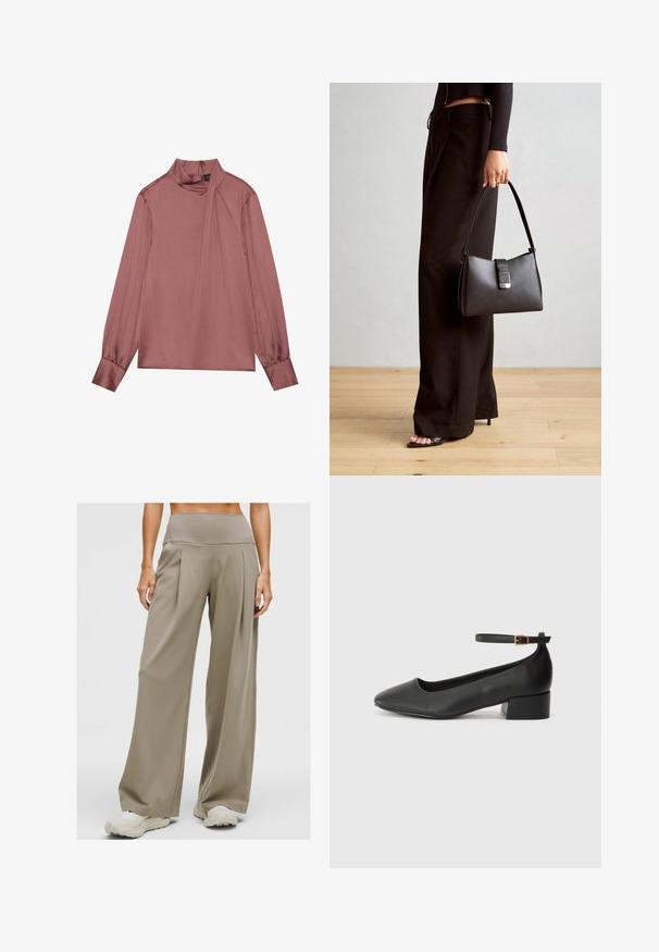 Pitkähihaine mauve-pusero, jossa on korkea kaulus, sivuvedoksilla, napilla varustetut hihansuut ja takana vetoketjukiinnitys.; Nainen, joka on pukeutunut vaaleanruskeisiin, korkeavyötäröisiin, leveälahkeisiin housuihin ja valkoisiin urheilujalkineisiin, seisoo yksinkertaista vaaleaa taustaa vasten.; Mustat nahkakengät, joissa on terävä kärki ja matala lohkare korko. Varustettu nilkkahihnalla, jossa on kultasävyinen solki. Lisää sileä pinta.; Musta käsilaukku, jossa on rakenteellinen muoto, sileä pinta ja metallinen solki. Yhdistetty leveisiin mustiin housuihin ja avonaiheisiin sandaaleihin puulattialla.