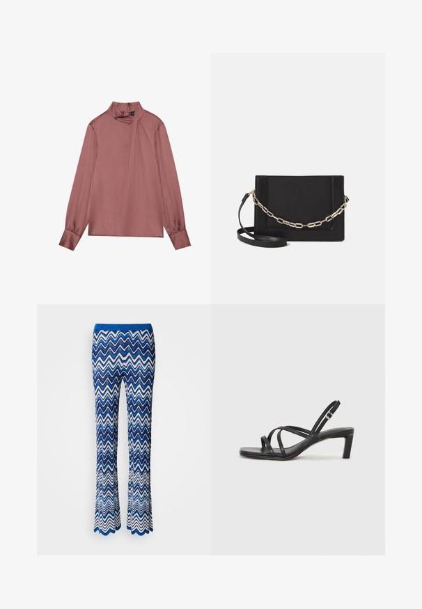 Bluză mauve cu mânecă lungă, gât înalt, detaliu drapat pe lateral, manșete cu nasturi și închidere cu fermoar la spate.; Pantaloni evazați cu un model în zigzag alb și albastru, confecționați dintr-un material ușor și texturat, având un brâu elastic albastru în contrast.; Sandal cu barete negre, cu vârf pătrat și toc mic de bloc. Prezintă mai multe barete subțiri și o bareta ajustabilă la gleznă. Fabricat din piele netedă.; Geantă de umăr din piele neagră, cu o textură netedă, formă rectangulară și un detaliu din lanț metalic în față. Include curea reglabilă.