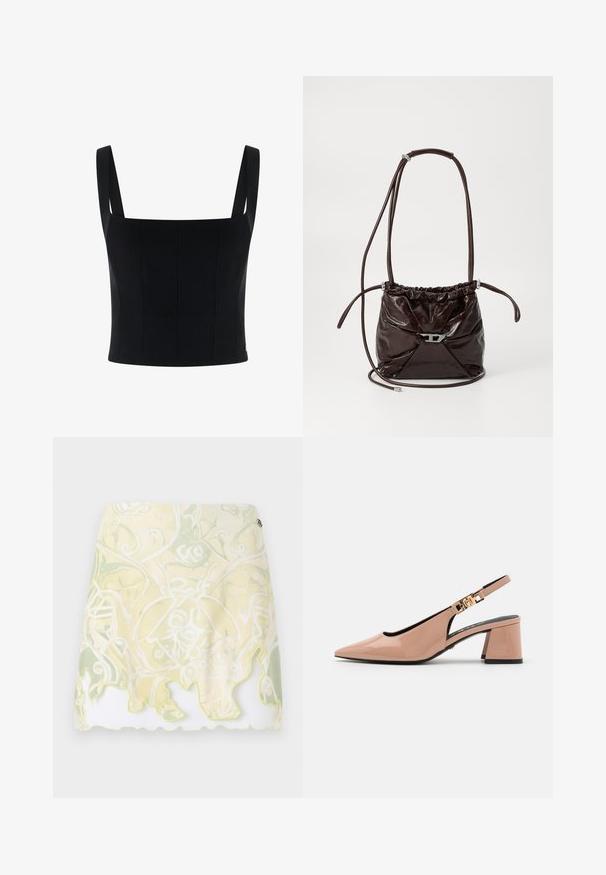 Črn skrajšan top z širokimi naramnicami, odlikuje se s strukturiranjem in navpičnimi šivi za dodatno obliko in podrobnosti. Gladka tekstura.; Kratka krila s tokom oblikovanja, ki ima svetlo rumen in zelen vzorec vijug, ter valovito rob z obrobo v svetlo rumeni barvi.; Sandal z zanko in sijočem nude lakiranem usnju, ki ima srednjo blok peto in zlate detajle na naramnicah.; Temno rjava sijoča usnjena torba čez ramo z nabiranim zgornjim delom in tankim nastavljivim trakom, ki je na sprednji strani opremljena z majhno kovinsko zaporo srebrne barve.