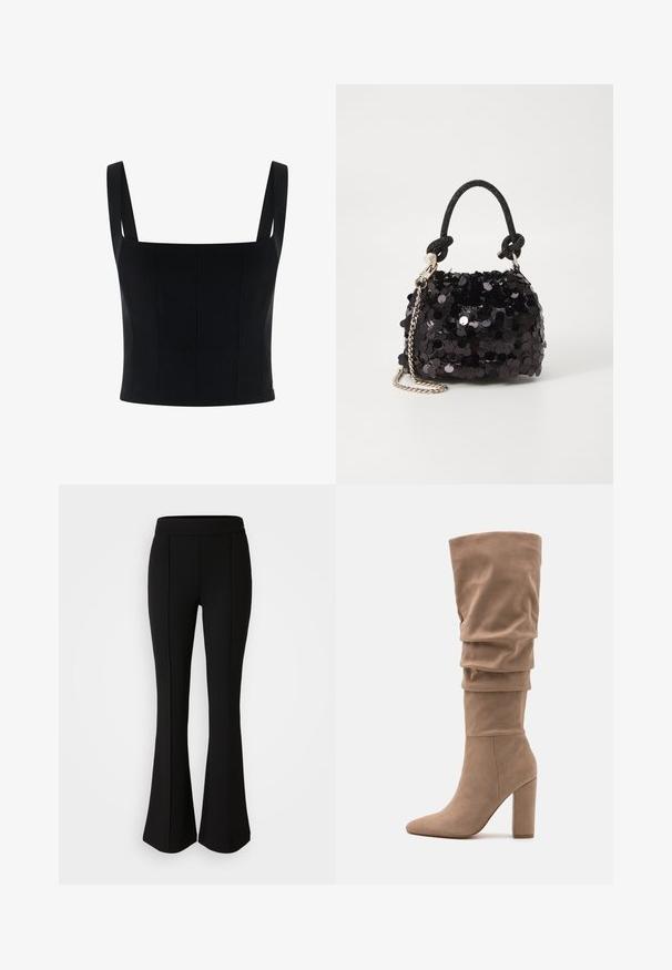 Top corto negro con tirantes anchos, presenta un diseño estructurado y costuras verticales para mayor forma y detalle. Textura suave.; Pantalones de campana negros hechos de un material elástico con una textura suave, que presentan detalles de costura en la parte frontal para un diseño adicional.; Anna Field Botas - beige; Bolso de mano mini negro con lentejuelas, con una correa de textura anudada y cadena plateada. Forma redondeada con parte superior fruncida y detalles reflectantes.