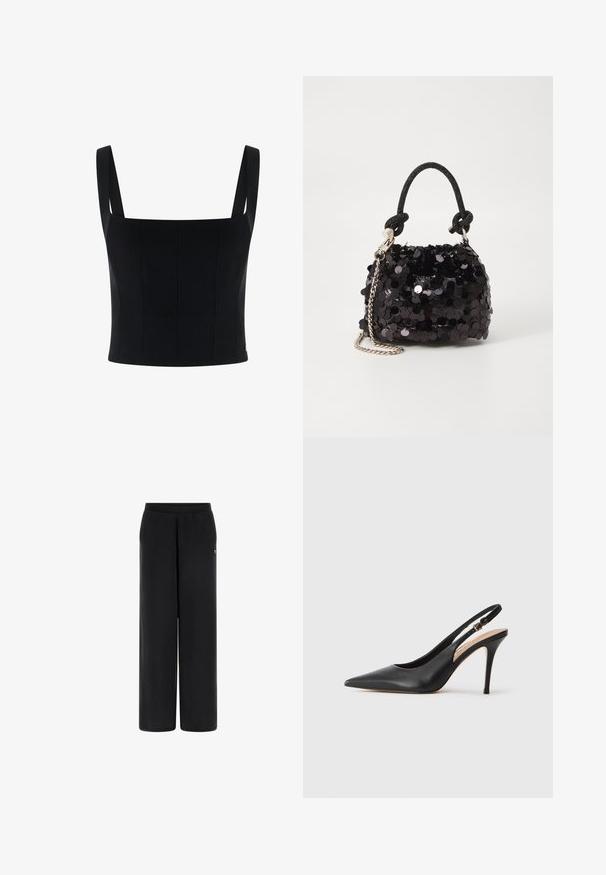 Zwart cropped top met brede schouderbanden, heeft een gestructureerd ontwerp en verticale naden voor extra vorm en detail. Gladde textuur.; Zwarte wijde broek van zacht materiaal met een elastische tailleband. Kenmerkt zich door een klein logo-accent aan de linkerkant. Gladde textuur en een getailleerde vorm.; Zwarte lederen slingback hakken met een puntige neus, een gladde textuur en een delicaat bandje met een metalen gesp.; Zwarte pailletten mini handtas met een geknoopte textuurriem en zilveren ketting. Rondvormig met een geplooide bovenkant en reflecterende details.