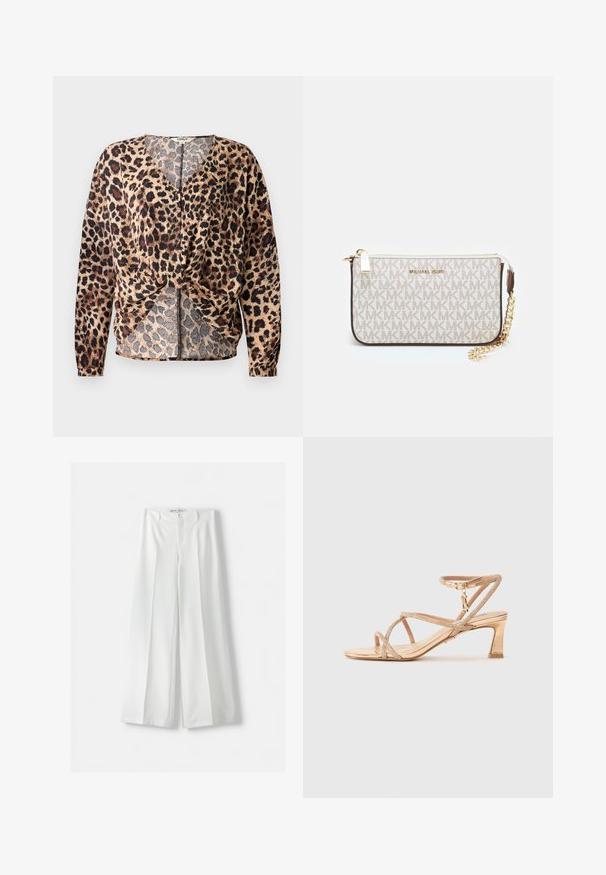 Bluzka w cętki z dekoltem w kształcie litery V, długimi rękawami, związaną z przodu i ozdobnymi guzikami. Wykonana z lekkiej, textured tkaniny.; Dwa bezszwowe szaliki w tubie: jeden czarny, a drugi biały. Oba wykonane są z miękkiego, elastycznego materiału i mają gładką fakturę bez wzorów.; Bershka WIDE biały; Sandały na obcasie z odkrytymi palcami w metalicznej złotej barwie, z krzyżującymi się paskami ozdobionymi błyszczącymi detalami oraz blokowym obcasem. Regulowany pasek w kostce.; Portfel na nadgarstek marki Michael Kors w beżowej, pokrytej płótnem, z powtarzającym się wzorem logo MK, złotym okuciem i odpinanym łańcuszkowym paskiem.