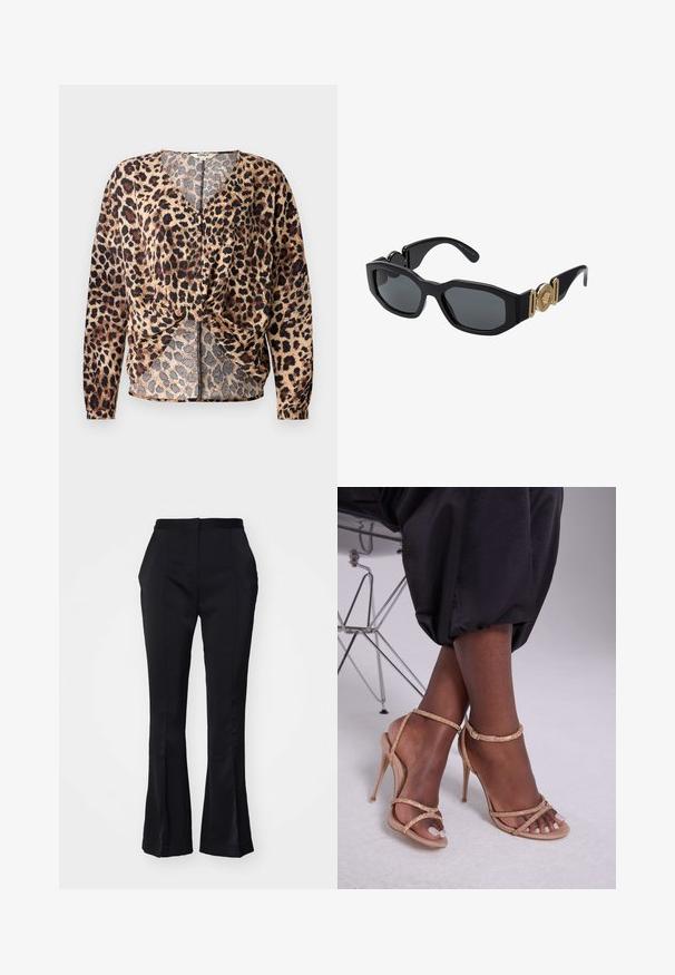 Bluză cu imprimeu de leopard, cu decolteu în V, mâneci lungi, față legată și detalii cu nasturi. Fabricată dintr-un material ușor și texturat.; Pantaloni negri cu croială evazată, cu un finisaj neted, talie înaltă și pliuri frontale. Prezintă buzunare laterale și un design curat, elegant.; Sandale cu toc bej, decorate cu cristale, având vârf deschis, bretele subțiri și un siluetă elegantă.; Ochelari de soare negri cu un cadru geometric gros, lentile închise la culoare și accente metalice aurii pe tâmplă, având un detaliu emblematic rotund.; Clutch Michael Kors din canva acoperit bej, cu un model repetitiv al logo-ului MK, accesorii din aur și o curea cu lanț detașabil.