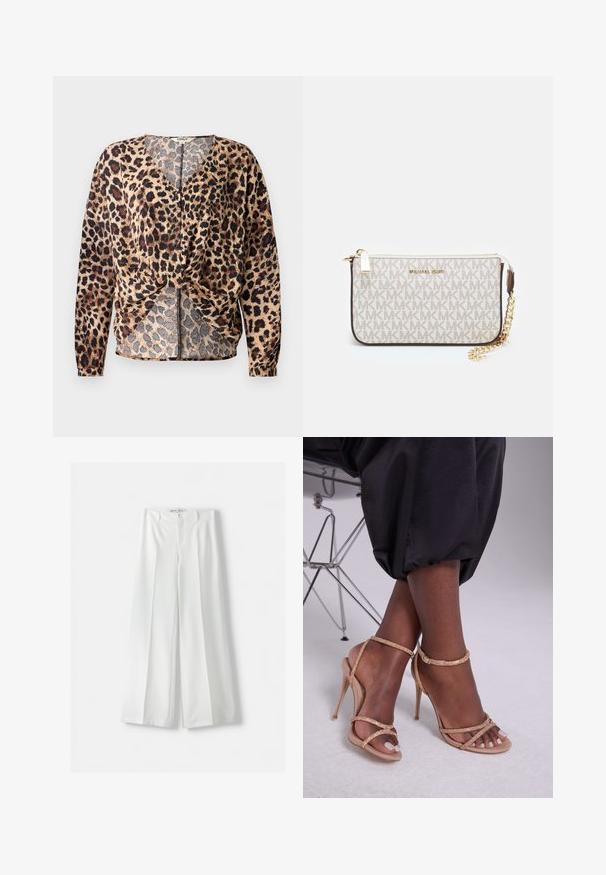 Bluzka w cętki z dekoltem w kształcie litery V, długimi rękawami, związaną z przodu i ozdobnymi guzikami. Wykonana z lekkiej, textured tkaniny.; Bershka WIDE biały; Beżowe sandały na obcasie ozdobione kryształami, z odkrytymi palcami, cienkimi paskami i elegancką sylwetką.; Portfel na nadgarstek marki Michael Kors w beżowej, pokrytej płótnem, z powtarzającym się wzorem logo MK, złotym okuciem i odpinanym łańcuszkowym paskiem.; Złote bransoletki zestawione z metalu z plecionym wzorem; gładkie, wypolerowane wykończenie; elastyczny kształt odpowiedni dla różnych rozmiarów nadgarstków.