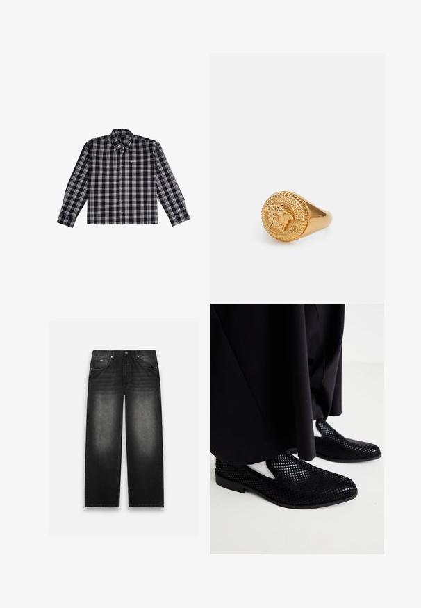 Sort og gråternet langærmet skjorte lavet af blødt stof med knapkrave og broderet logo på brystet.; Mørkegrøn polo-shirt lavet af bomuld, med korte ærmer, tre-knaps placket og broderet "Yale"-logo på venstre bryst.; Sorte denim jeans med bred bendesign. Har fem lommer, let falmning og solid syning. Knaphul- og lynlås-lukning.; Sorte perforerede slip-on sko med flad sål og en glat tekstur. Minimalistisk design med udskæringer på siden. Parret med sorte bukser.; Versace UNISEX - Ringe - gold- coloured